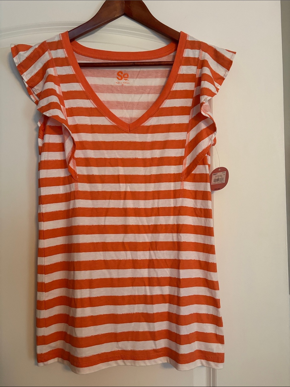 SO Orange and White Striped Flutter Sleeve V-Neck Top